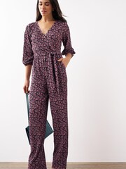Pink/Navy Blue Long Sleeve Plissé Jumpsuit - Image 1 of 2