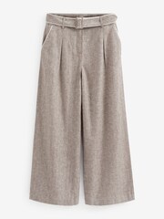 Taupe Brown Linen Mix Belted Smart Wide Leg Trousers - Image 1 of 5