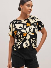 Black/Ecru White Floral Short Sleeve Curved Hem T-Shirt - Image 3 of 6