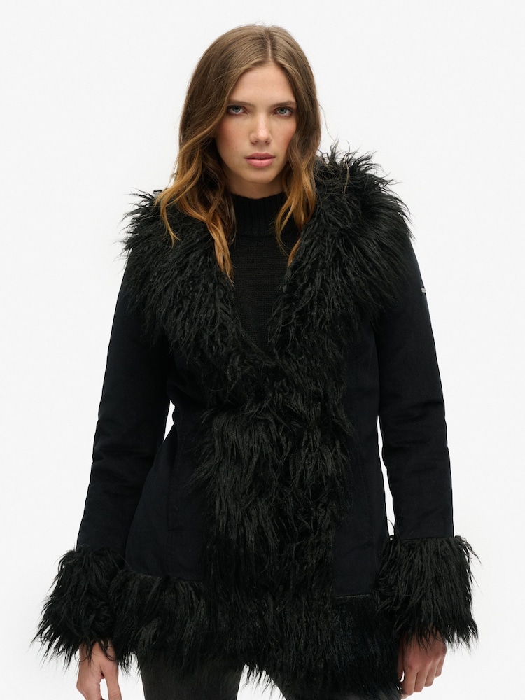 Superdry Black Faux Fur Lined Afghan Coat - Image 1 of 5