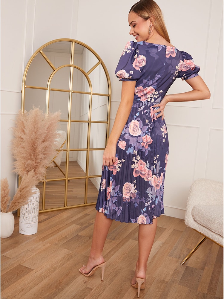 Chi Chi London Purple Petite Floral Printed Pleated Skirt Midi Dress - Image 2 of 5