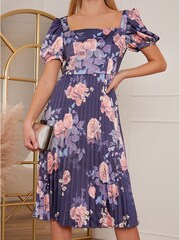 Chi Chi London Purple Petite Floral Printed Pleated Skirt Midi Dress - Image 3 of 5