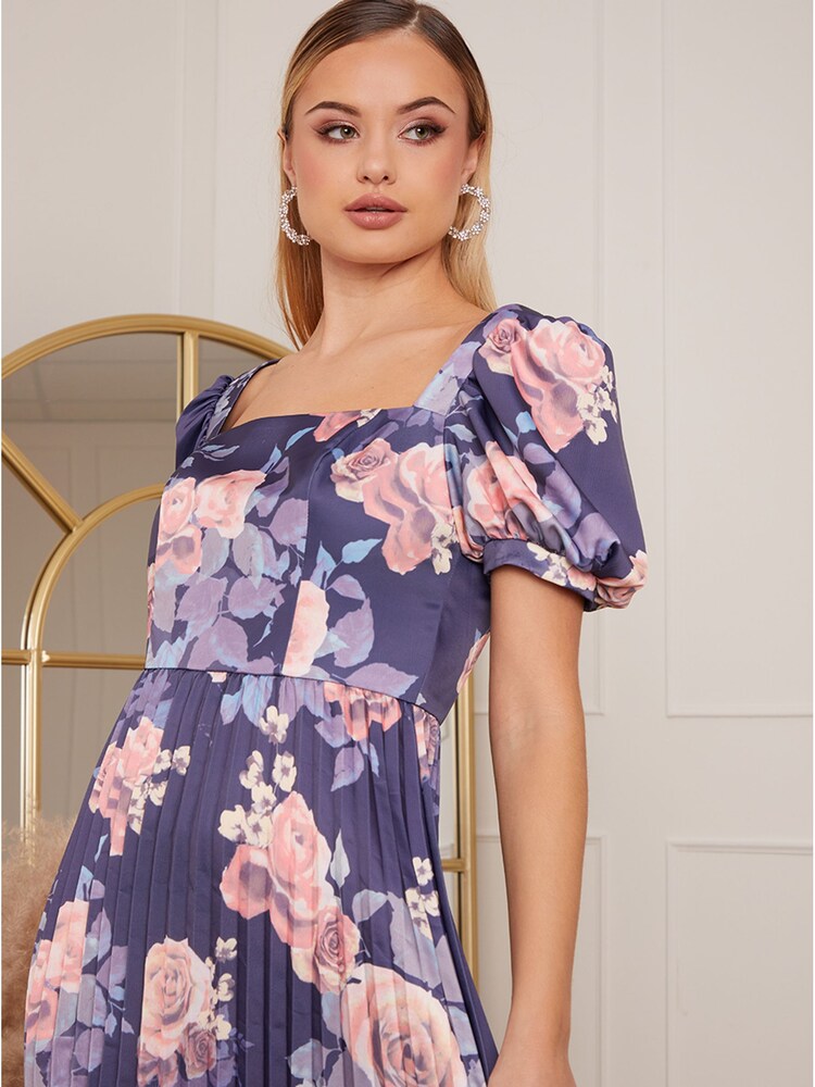 Chi Chi London Purple Petite Floral Printed Pleated Skirt Midi Dress - Image 5 of 5