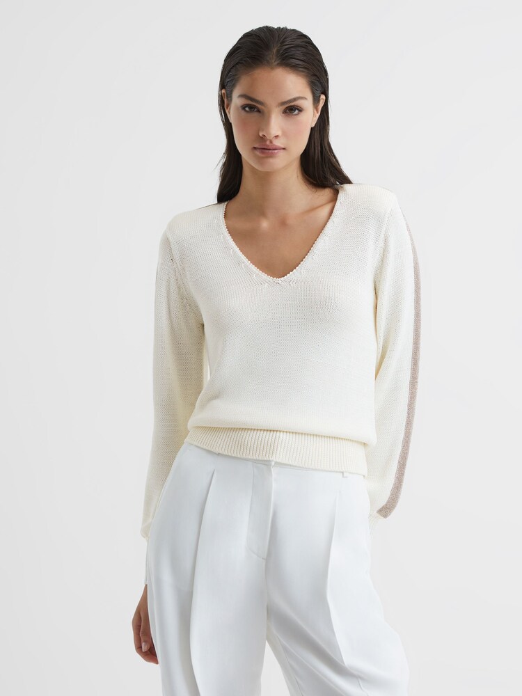 Reiss Ivory/Gold Tara Colourblock V-Neck Knitted Jumper - Image 1 of 7 Reiss Ivory/Gold Tara Colourblock V-Neck Knitted Jumper - Image 1 of 7