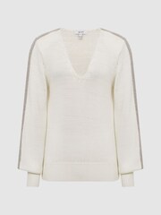 Reiss Ivory/Gold Tara Colourblock V-Neck Knitted Jumper - Image 2 of 7