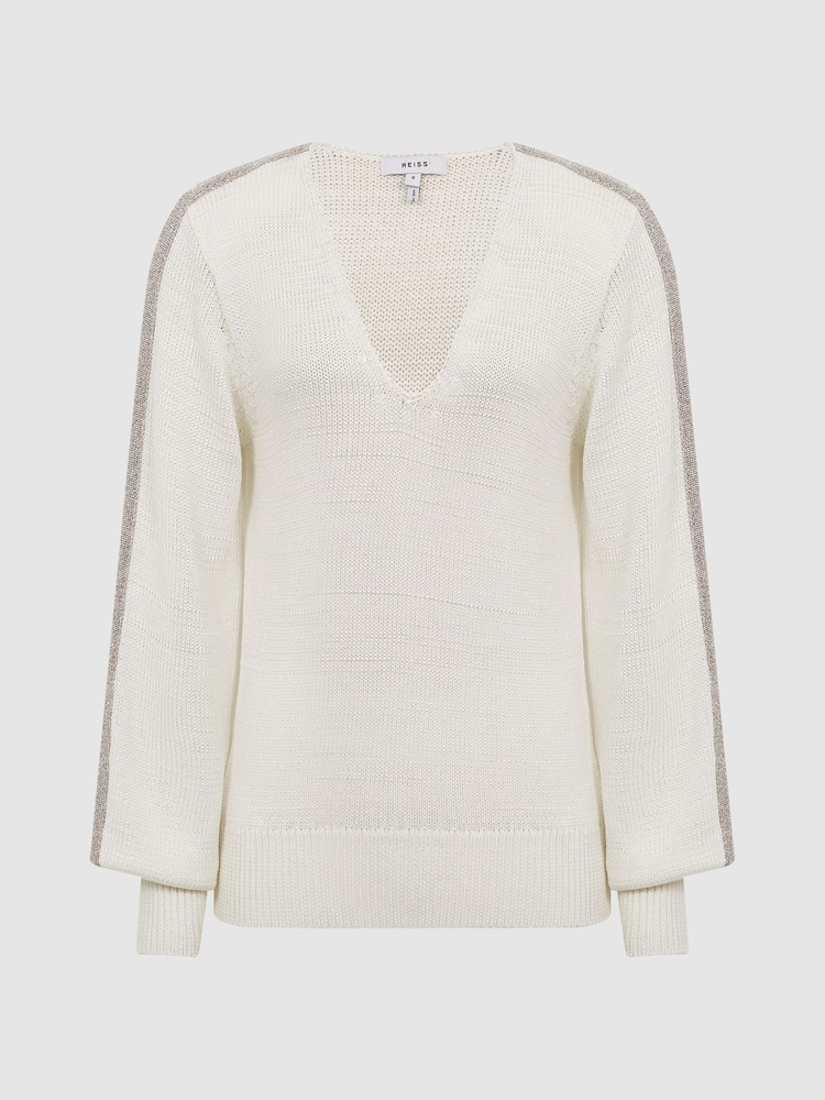 Reiss Ivory/Gold Tara Colourblock V-Neck Knitted Jumper - Image 2 of 7