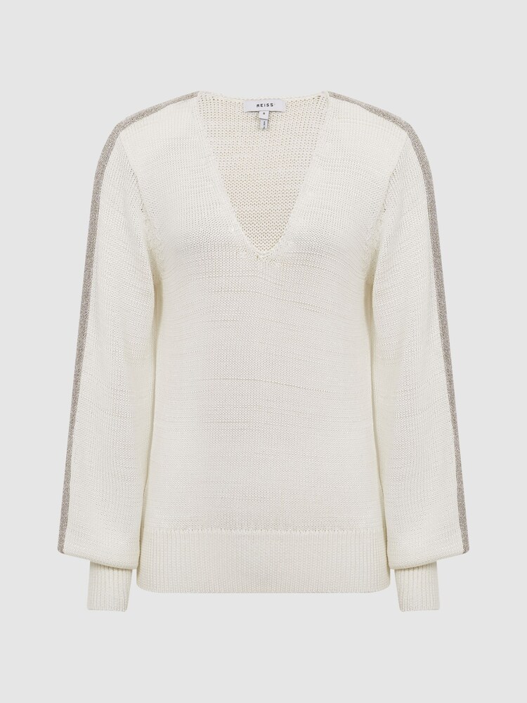 Reiss Ivory/Gold Tara Colourblock V-Neck Knitted Jumper - Image 2 of 7 Reiss Ivory/Gold Tara Colourblock V-Neck Knitted Jumper - Image 2 of 7