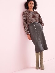 Dark Berry Red PU Faux Leather Button Down Midi Skirt - Image 1 of 3