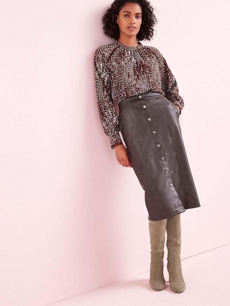 Dark Berry Red PU Faux Leather Button Down Midi Skirt - Image 1 of 3 Dark Berry Red PU Faux Leather Button Down Midi Skirt - Image 1 of 3