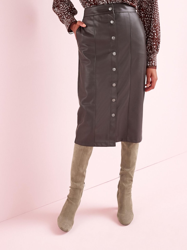 Dark Berry Red PU Faux Leather Button Down Midi Skirt - Image 2 of 3 Dark Berry Red PU Faux Leather Button Down Midi Skirt - Image 2 of 3