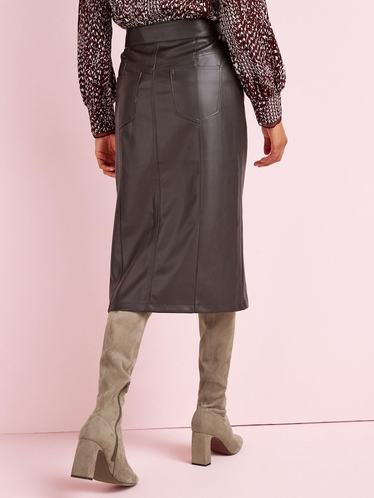 Dark Berry Red PU Faux Leather Button Down Midi Skirt - Image 3 of 3 Dark Berry Red PU Faux Leather Button Down Midi Skirt - Image 3 of 3