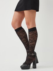 Black Lace Patterned Knee High Sheer Socks 3 Pack - Image 1 of 2