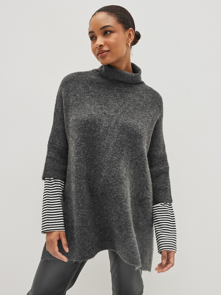 Grigio antracite - Poncho in maglia con A righe sulle maniche - Immagine 1 di 5