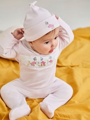 JoJo Maman Bébé Pink Jemima Puddle-Duck Smocked Sleepsuit & Hat Set - Image 2 of 7