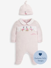 JoJo Maman Bébé Pink Jemima Puddle-Duck Smocked Sleepsuit & Hat Set - Image 3 of 7