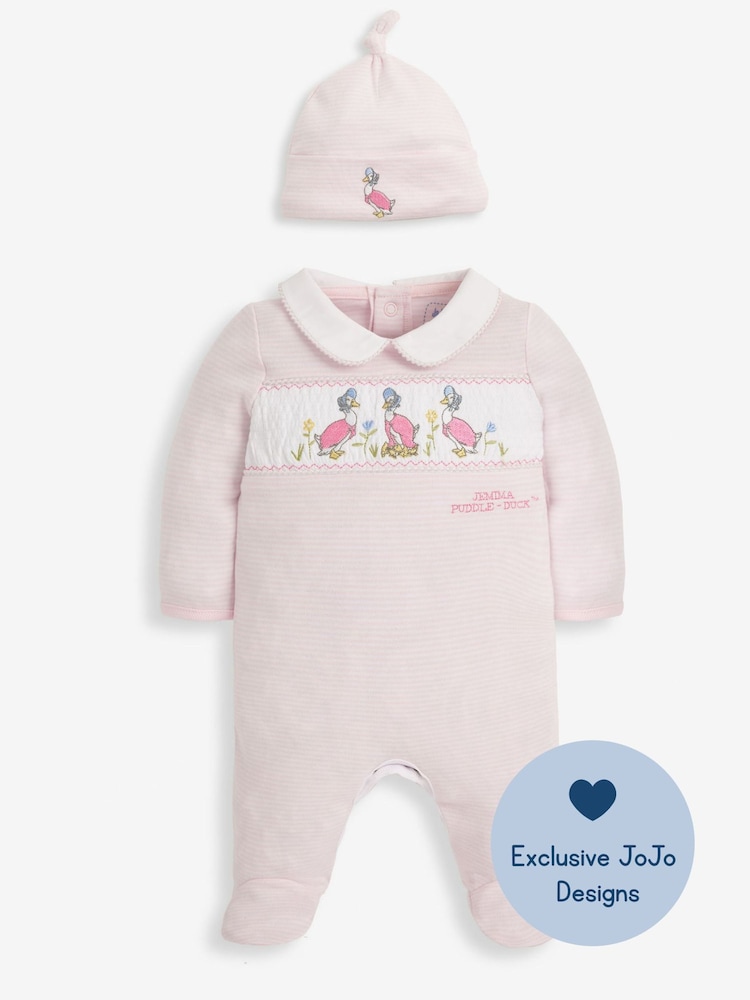 JoJo Maman Bébé Pink Jemima Puddle-Duck Smocked Sleepsuit & Hat Set - Image 3 of 7