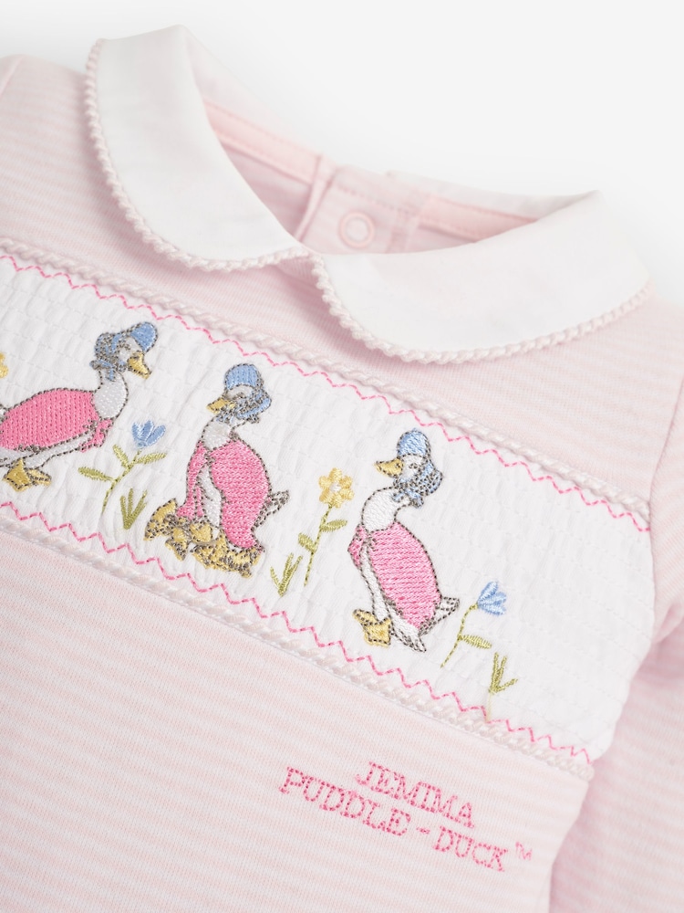 JoJo Maman Bébé Pink Jemima Puddle-Duck Smocked Sleepsuit & Hat Set - Image 6 of 7