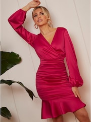Chi Chi London Pink Satin Shirred Detail Mini Dress - Image 3 of 4
