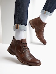 Dune London Brown Chrome Captains Double Toe Cap Detail Leather Boots - Image 1 of 5