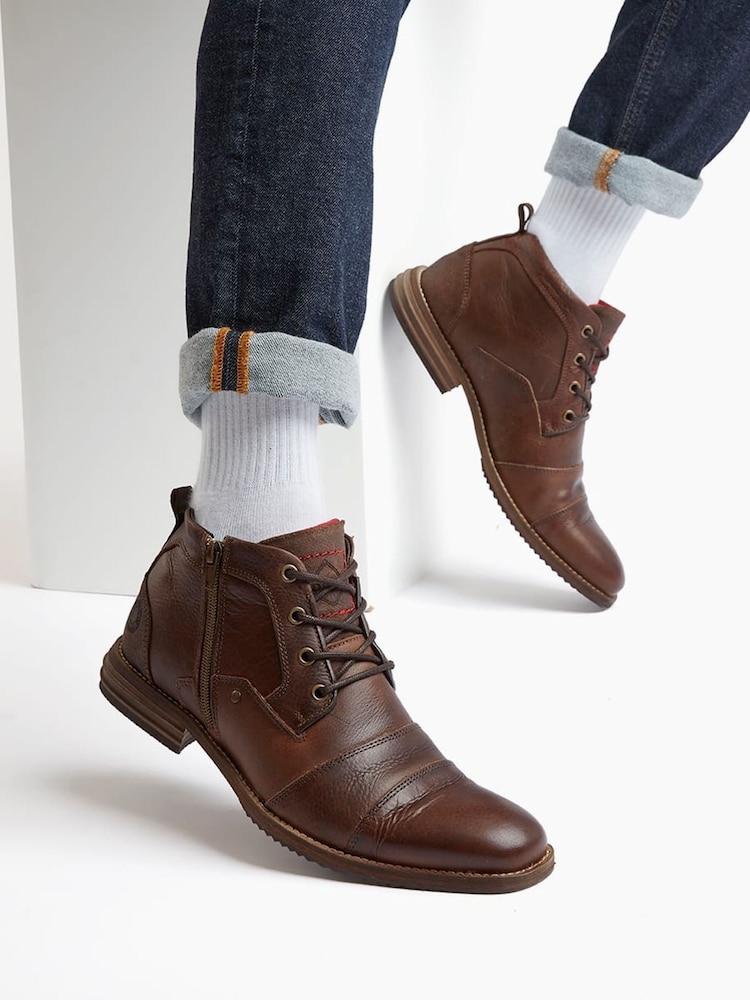 Dune London Brown Chrome Captains Double Toe Cap Detail Leather Boots - Image 1 of 5