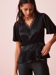 Black Lace Detail Flutter Sleeve Satin Top - Image 1 of 4