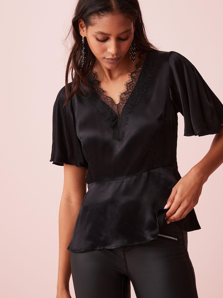 Black Lace Detail Flutter Sleeve Satin Top - Image 1 of 4