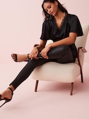 Black Lace Detail Flutter Sleeve Satin Top - Image 2 of 4