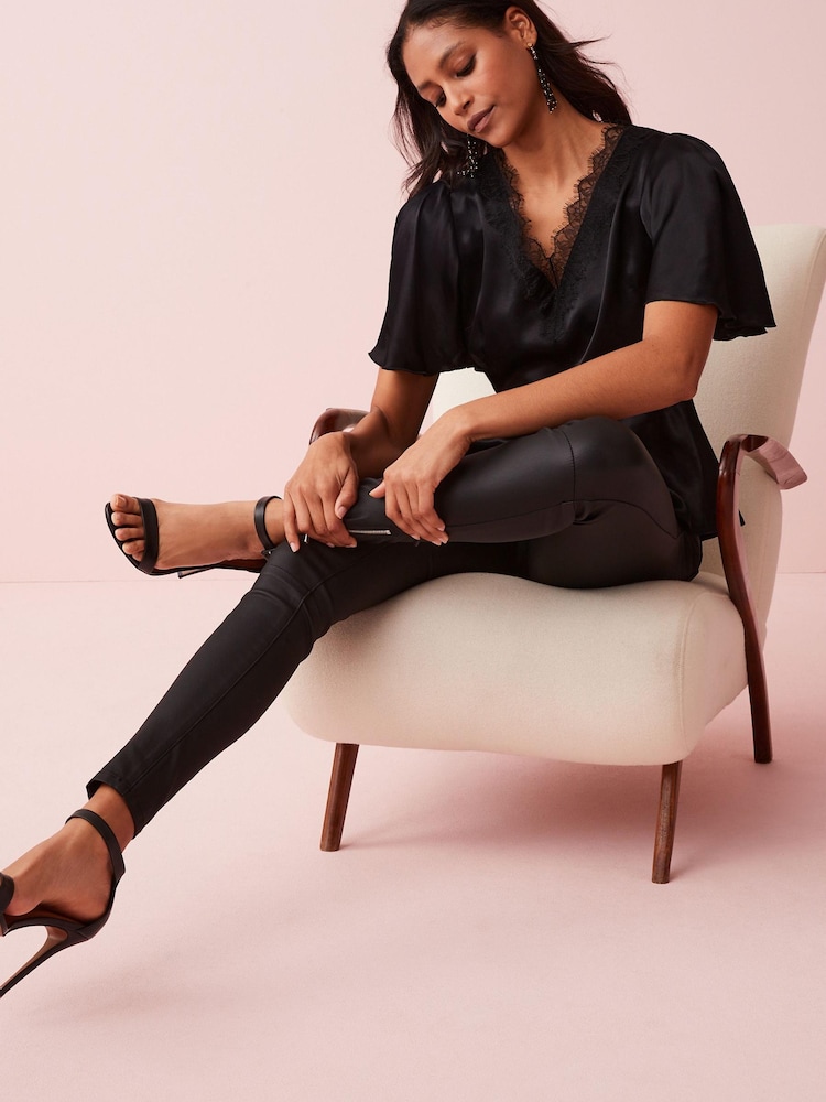 Black Lace Detail Flutter Sleeve Satin Top - Image 2 of 4