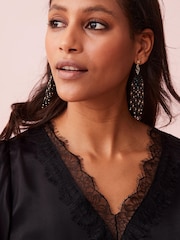 Black Lace Detail Flutter Sleeve Satin Top - Image 4 of 4