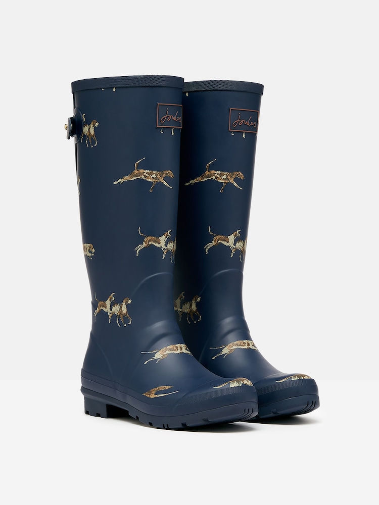 Joules Printed Navy Blue Dog Print Adjustable Tall Wellies - Image 1 of 6