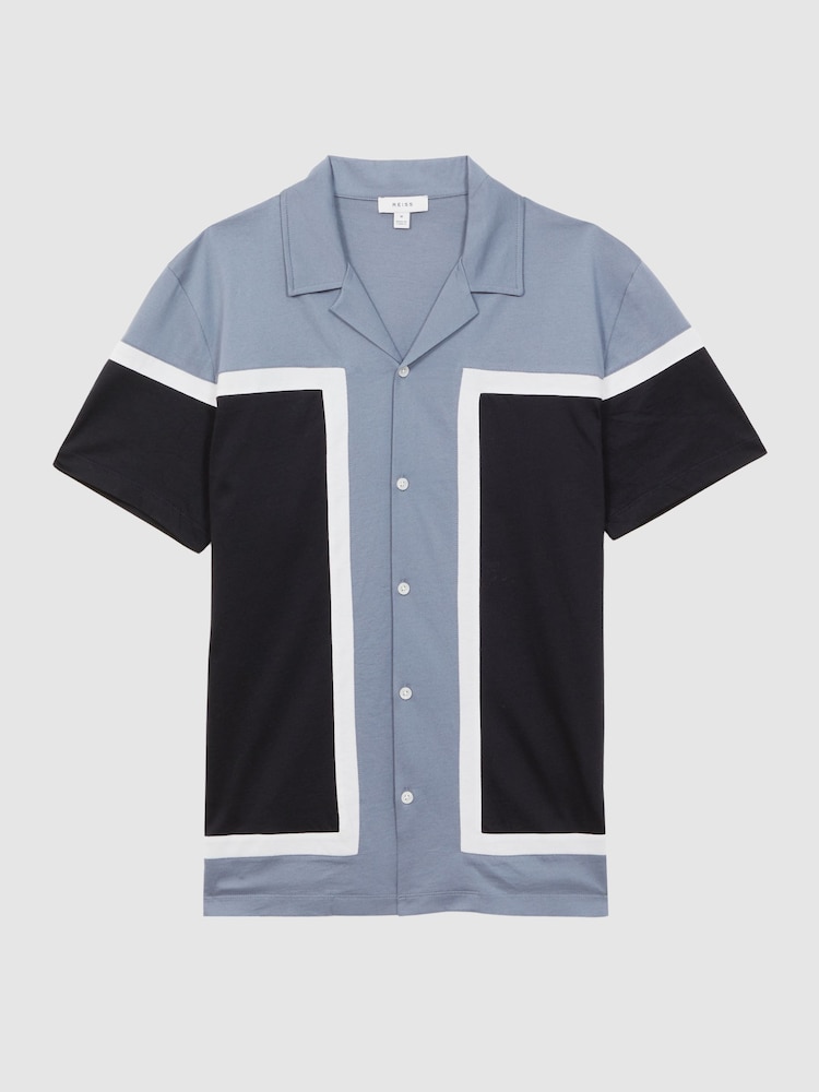 Reiss Airforce Blue Noble Mercerised Colourblock Cuban Collar Shirt - Image 2 of 4