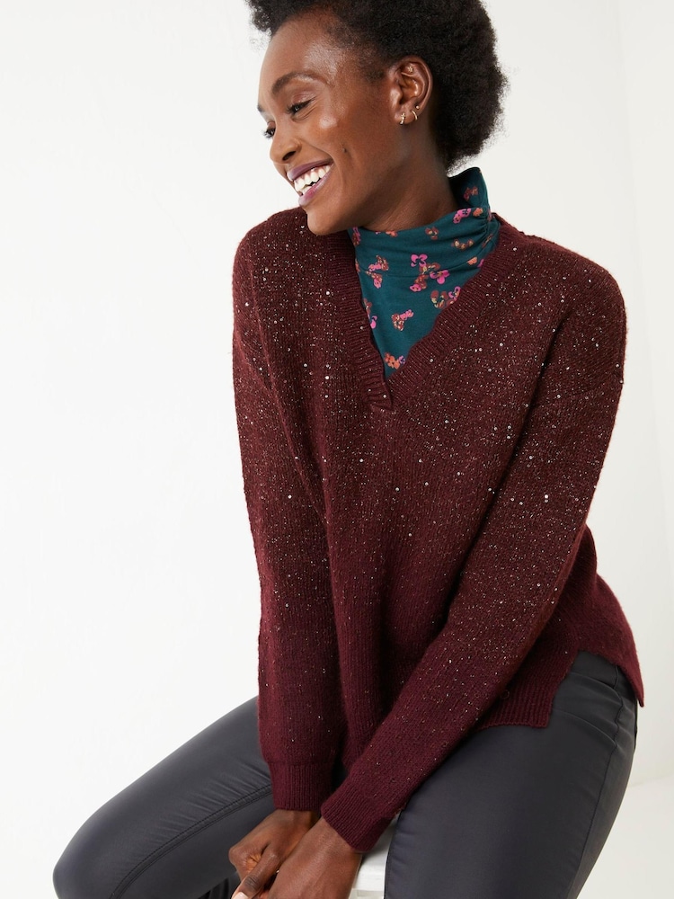 FatFace Red Yasmin V-Neck Sparkle Jumper - Image 1 of 4