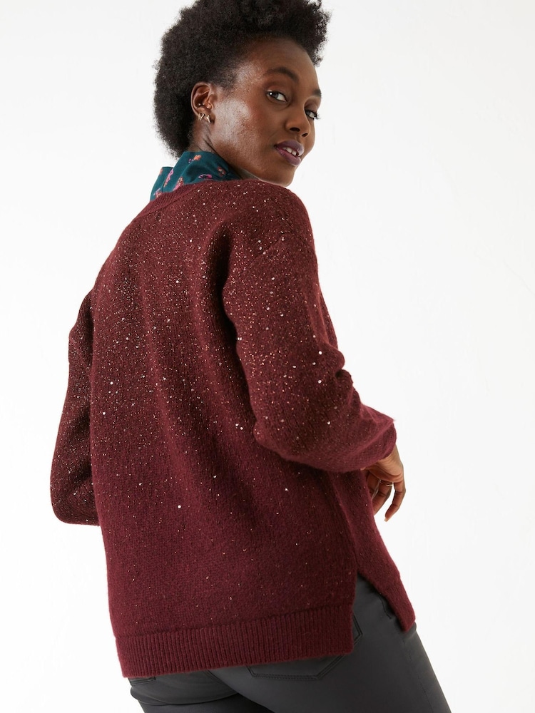 FatFace Red Yasmin V-Neck Sparkle Jumper - Image 2 of 4
