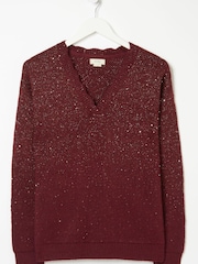 FatFace Red Yasmin V-Neck Sparkle Jumper - Image 4 of 4
