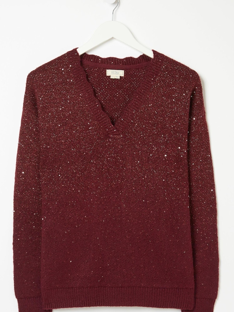 FatFace Red Yasmin V-Neck Sparkle Jumper - Image 4 of 4