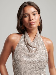 Superdry Silver Sequin Halter Cowl Neck Mini Dress - Image 4 of 5