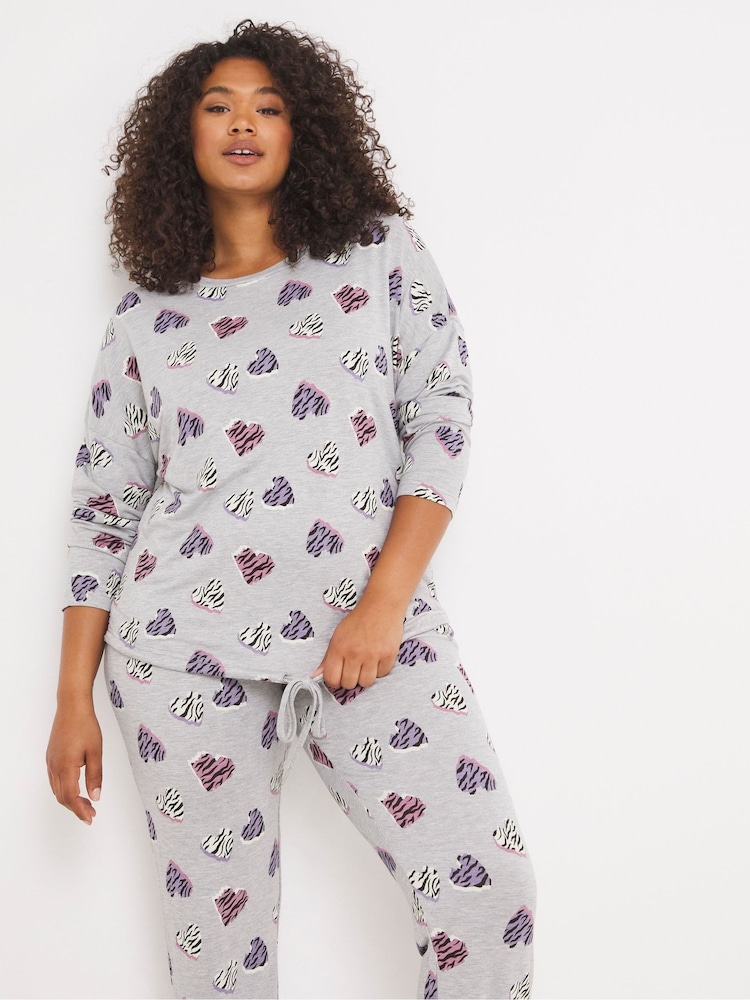 Simply Be Grey Heart Print Pretty Secrets Zebra Cuffed Lounge Set - Image 1 of 4