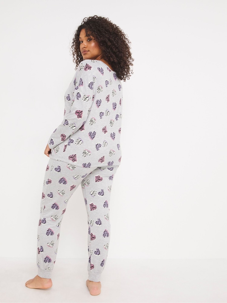 Simply Be Grey Heart Print Pretty Secrets Zebra Cuffed Lounge Set - Image 2 of 4 Simply Be Grey Heart Print Pretty Secrets Zebra Cuffed Lounge Set - Image 2 of 4