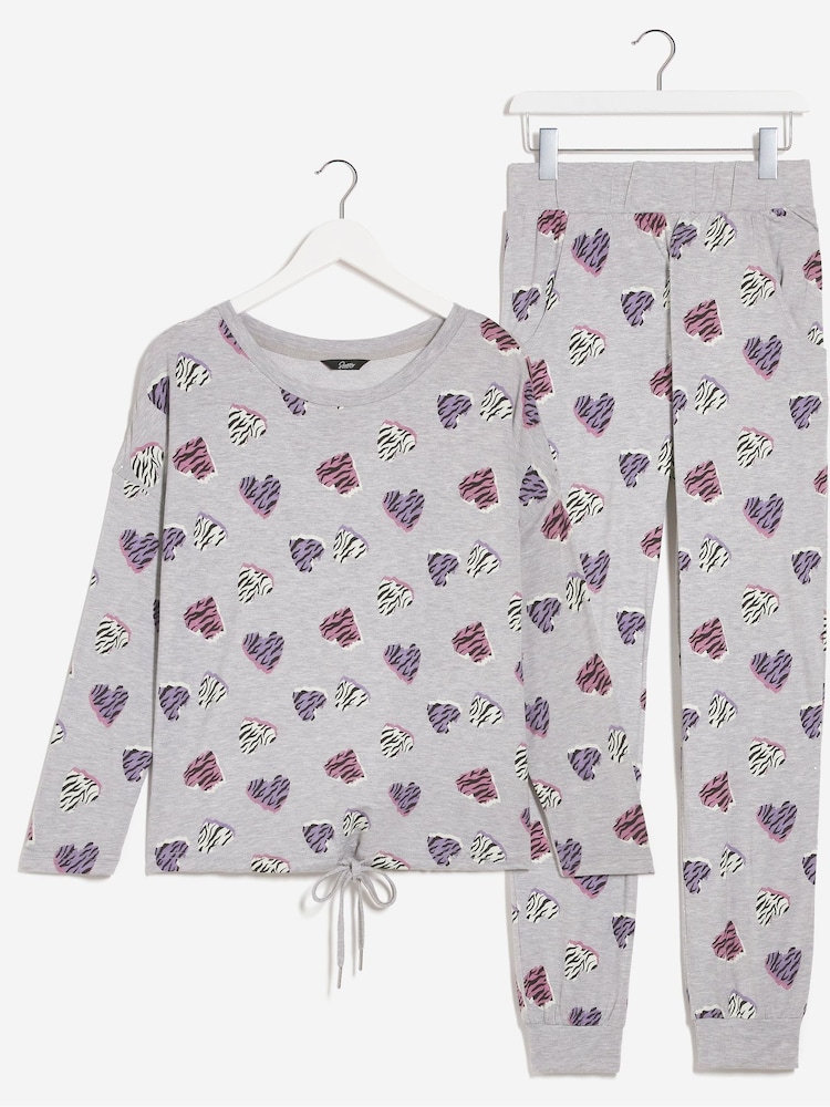 Simply Be Grey Heart Print Pretty Secrets Zebra Cuffed Lounge Set - Image 4 of 4