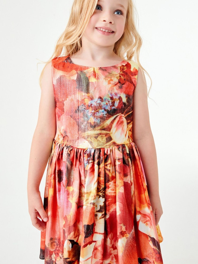 Red Floral Print Metallic Dress (3-16yrs) - Image 1 of 6