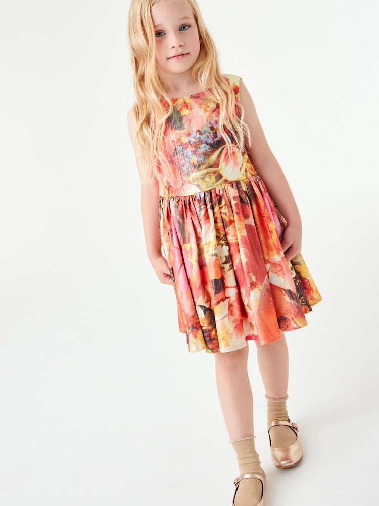 Red Floral Print Metallic Dress (3-16yrs) - Image 2 of 6
