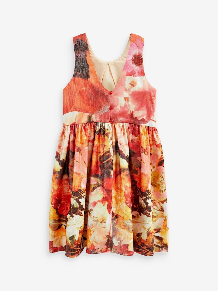 Red Floral Print Metallic Dress (3-16yrs) - Image 6 of 6