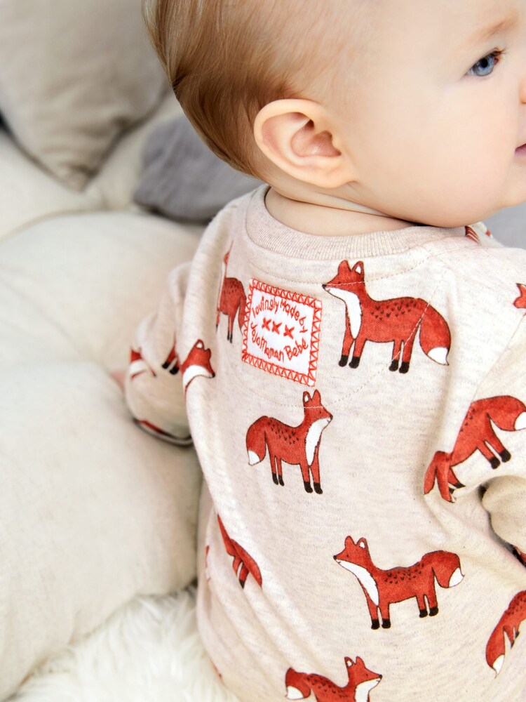 JoJo Maman Bébé Orange Fox Print Zip Cotton Baby Sleepsuit - Image 2 of 4