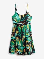 Imprimé feuilles - Noir - Robe d’été caraco à mini volants - Image 1 de 1