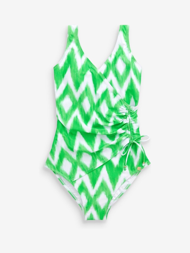 Green Zigzag Ruched Side Tummy Control Swimsuit - Image 1 of 1 Green Zigzag Ruched Side Tummy Control Swimsuit - Image 1 of 1
