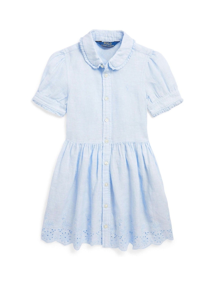 Bleu - Robe chemise Oxford en coton à volants Polo Ralph Lauren fille avec logo - Image 1 of 2