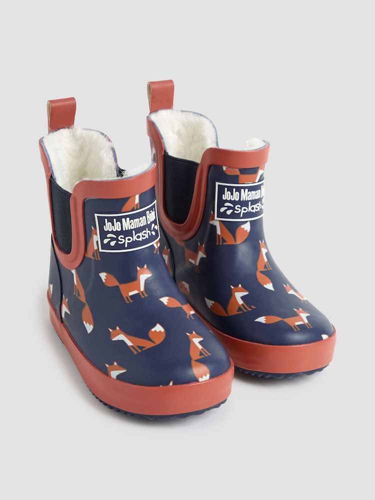 JoJo Maman Bébé Navy Blue Fox Cosy Lined Fox Print Ankle Wellies - Image 1 of 7