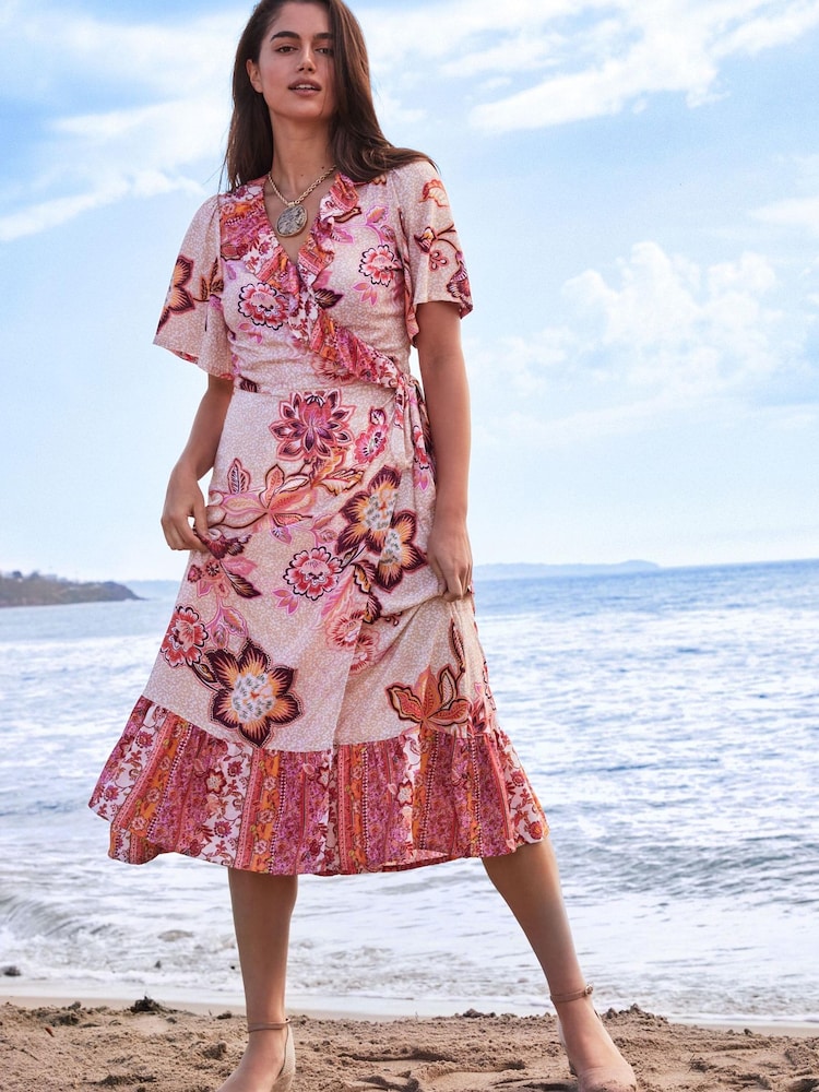 Rosa geblümt - Midi-Sommerkleid mit Wickeldesign - Bild 1 von 4