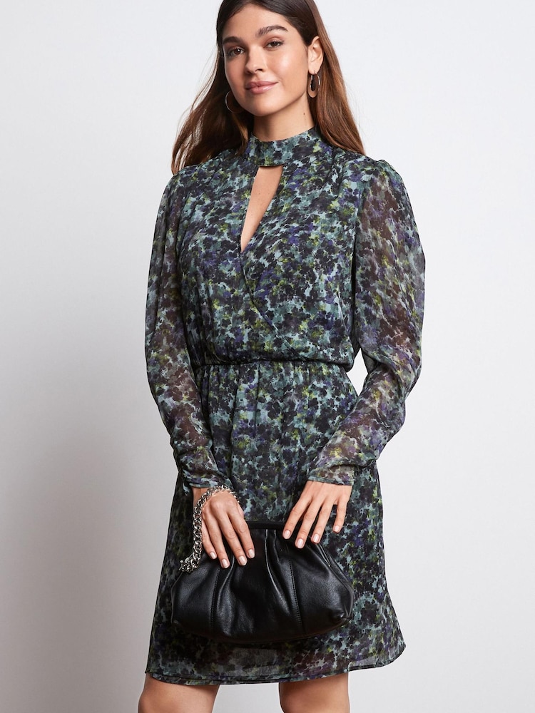 Green Floral Cut-Out Chiffon Mini Dress - Image 1 of 5