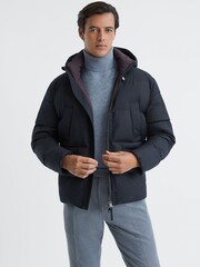 Reiss Navy Ronic Quilted Short Hooded Coat - Image 4 of 7